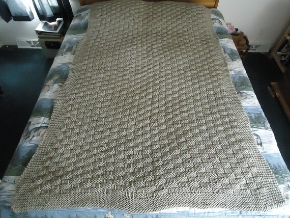 Taupe Hand Knitted Basketweave Afghan Blanket Throw Home