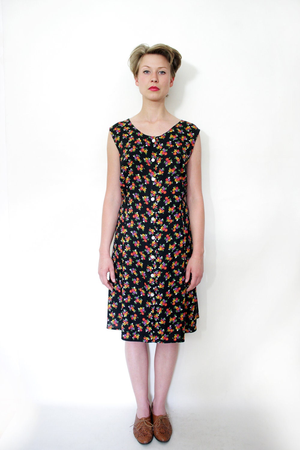 vintage dress black floral button up sundress size m l vintage dress black floral button up sundress size m l