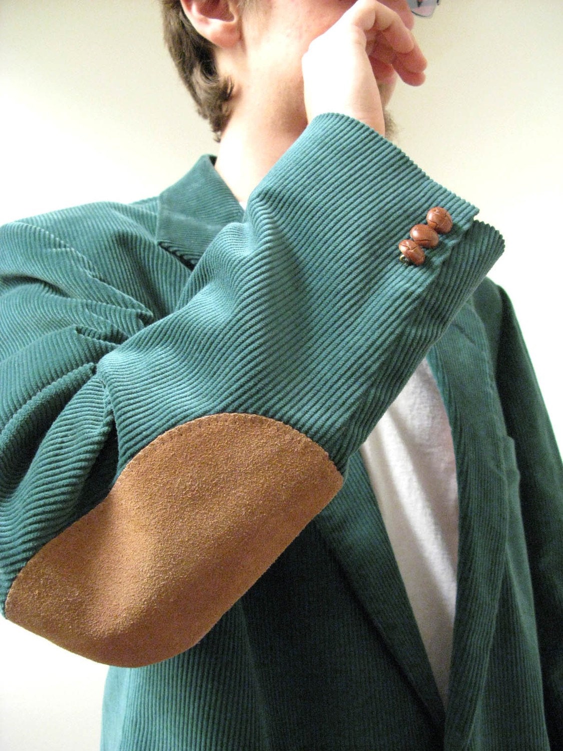 Vintage 70s Teal Green Corduroy Elbow Patch Mens Blazer 42L