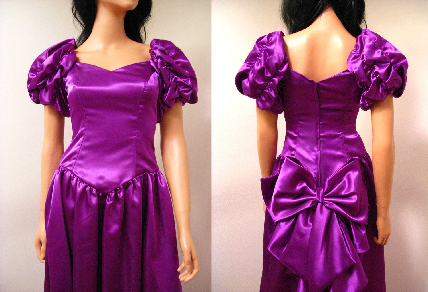 Purple Satin 80s Prom Dress Vintage 1980s Long Formal Gown