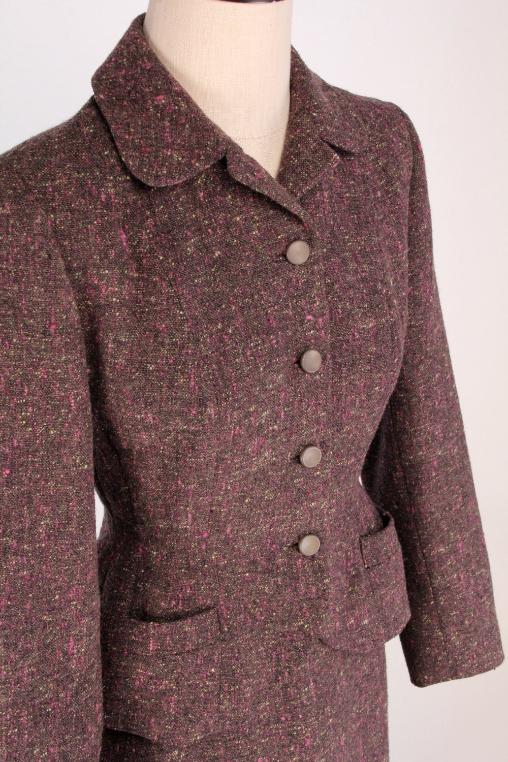 Vintage 1940s Irish Wool Tweed Suit Skirt Jacket Xs S Plum 0035