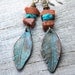 Patina Copper Feather Earrings - Goldstone Turquoise Metalwork Earrings - Handcrafted Artisan Dangle Earrings