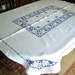 Embroidered Hand Made TABLECLOTH Linen Vintage White Linen BLUE Work LEAVES Crisp Hemstitching