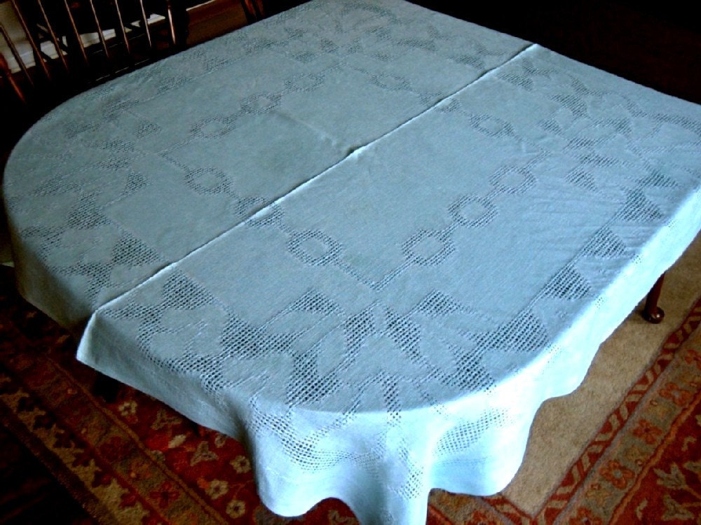 Vintage DAMASK TABLECLOTH Irish Linen AQUA by RenaissanceProfessor