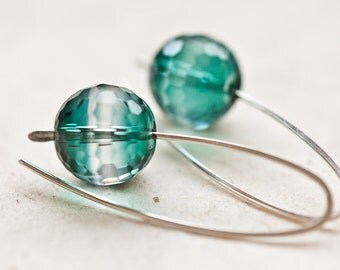 Earrings Emerald Green Ametrine Quartz Argentium Sterling silver Disco Ball Modern Design Minimalist Geometric Jewelry