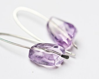 Simple Modern Hook Earrings Amethyst Argentium Sterling Silver Minimalist Organic Design lilac lavender