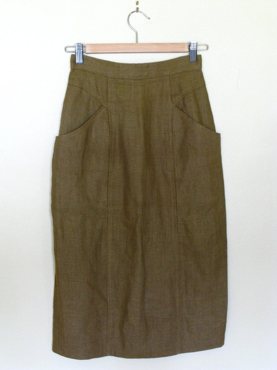 Vintage Drab Olive Green Linen Pencil Skirt