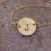 Hand stamped gold initial charm necklace in gold fill metals - gold choker initial necklace - 7/16" initial necklace