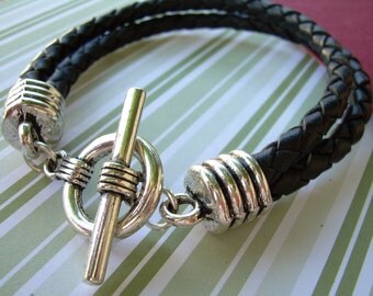 Mens Braided Leather Bracelet, Double Strand, Toggle Closure, Black Braids, Leather Bracelet, Mens Gift, Mens Jewelry