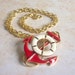 Repurposed Red and Ivory Vintage Anchor Brooch Pendant with Chunky 14K Gold Plated Chain Bold Statement Necklace - Hope