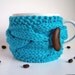 Turquoise Cup Cozy, Blue Mug Sleeve, Coffee Tea Knitted, Brown Wooden Button