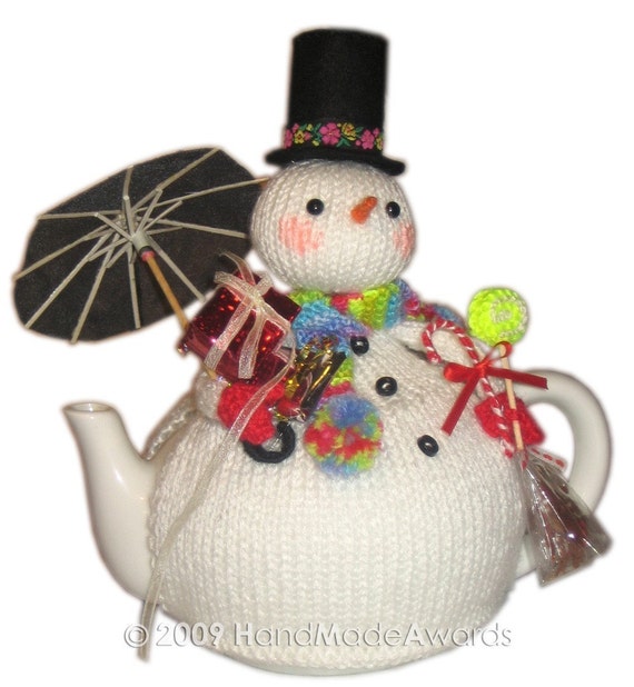 Lovely Christmas SNOWMAN with UMBRELLA Tea Cosy Pdf email Knit PATTERN from H...