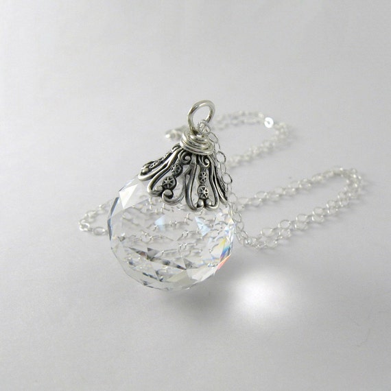 Clear Crystal Necklace Sterling Silver Round Capped Chain