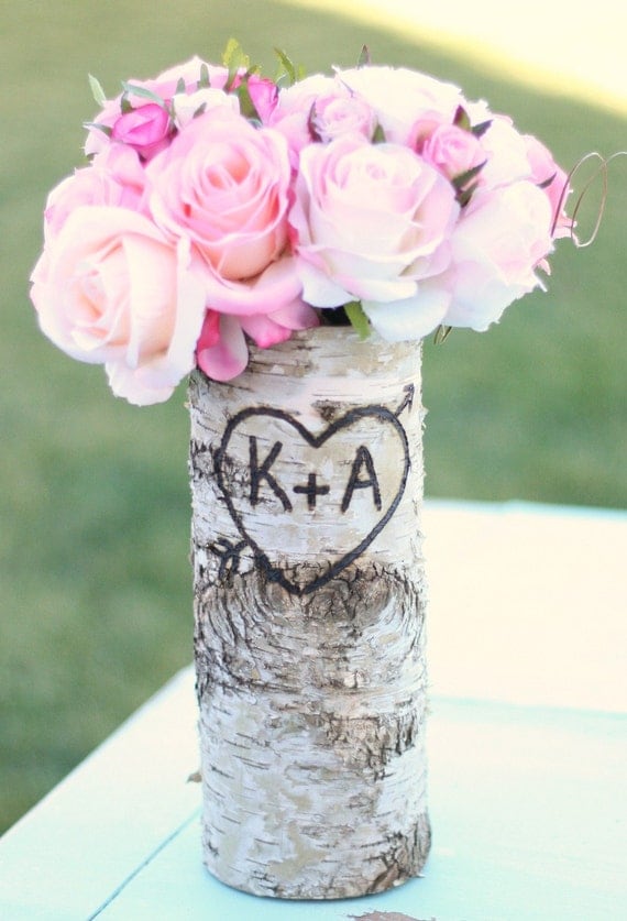 Personalized Tall Straight Birch Bark Wood Vase by 