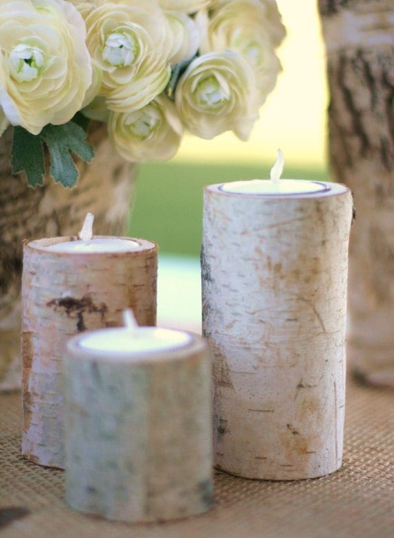 Natural Eco Friendly Birch Bark Log Votive Tea Light Candle Holders SET of 3 Wedding Centerpiece Decorations by braggingbags