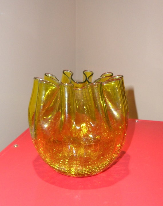 Vintage Blenko Jonquil Yellow Crackle Ruffle Vase