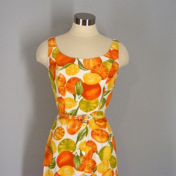 Vintage 80s Orange Slice Fruit Print Sun Dress XS