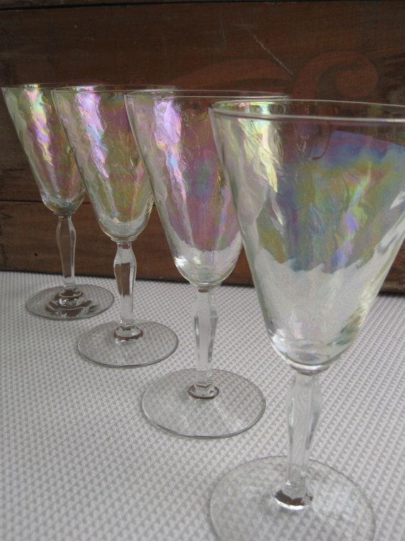 Vintage Iridescent Swirl Optic Stem Glasses By Fostoria 7896