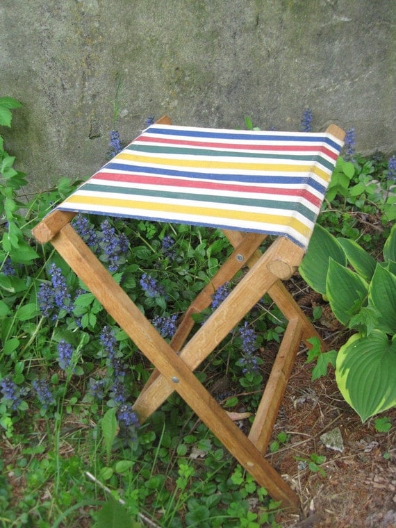 Vintage Canvas And Wood Folding Camp Stool   Il 570xN.146251188 