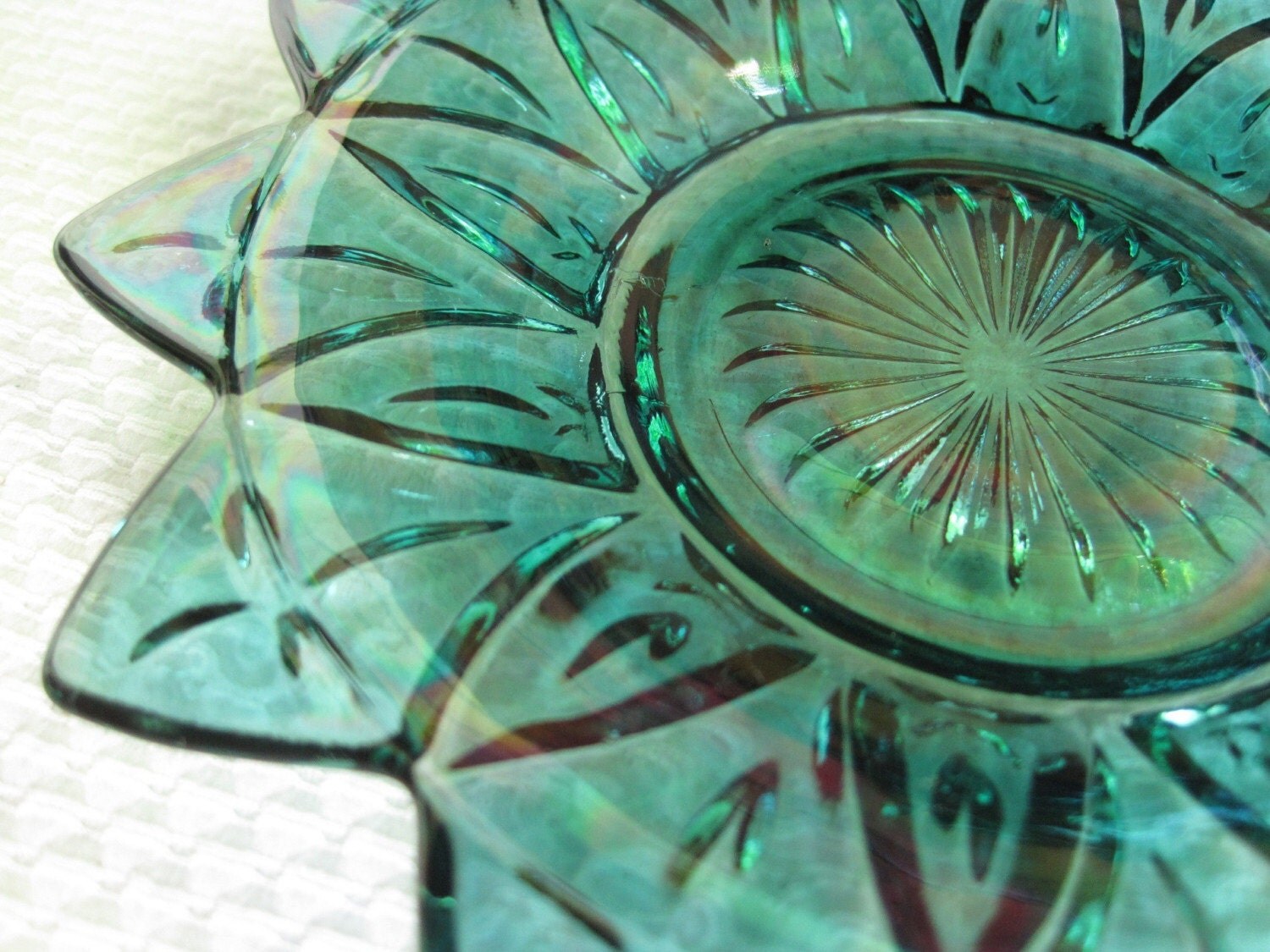 Vintage Teal Blue Iridescent Federal Glass Petal Plates