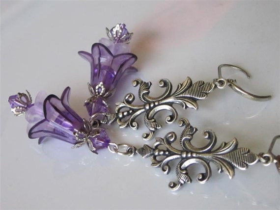 Lucite Flower Earrings-Antiqued Silver Chandelier-Violet Flower