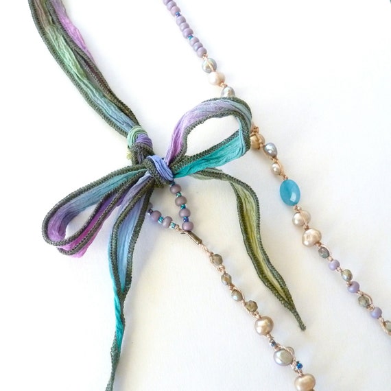 Tie dyed silk ribbon freshwater pearl necklace with by ThePretty1