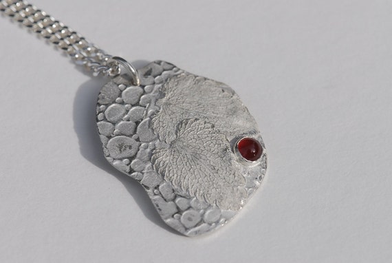 On the Garden Path - textured fine silver pendant with carnelian, gemstone, rose leaves, red, flower, feminine, handmade, high quality
