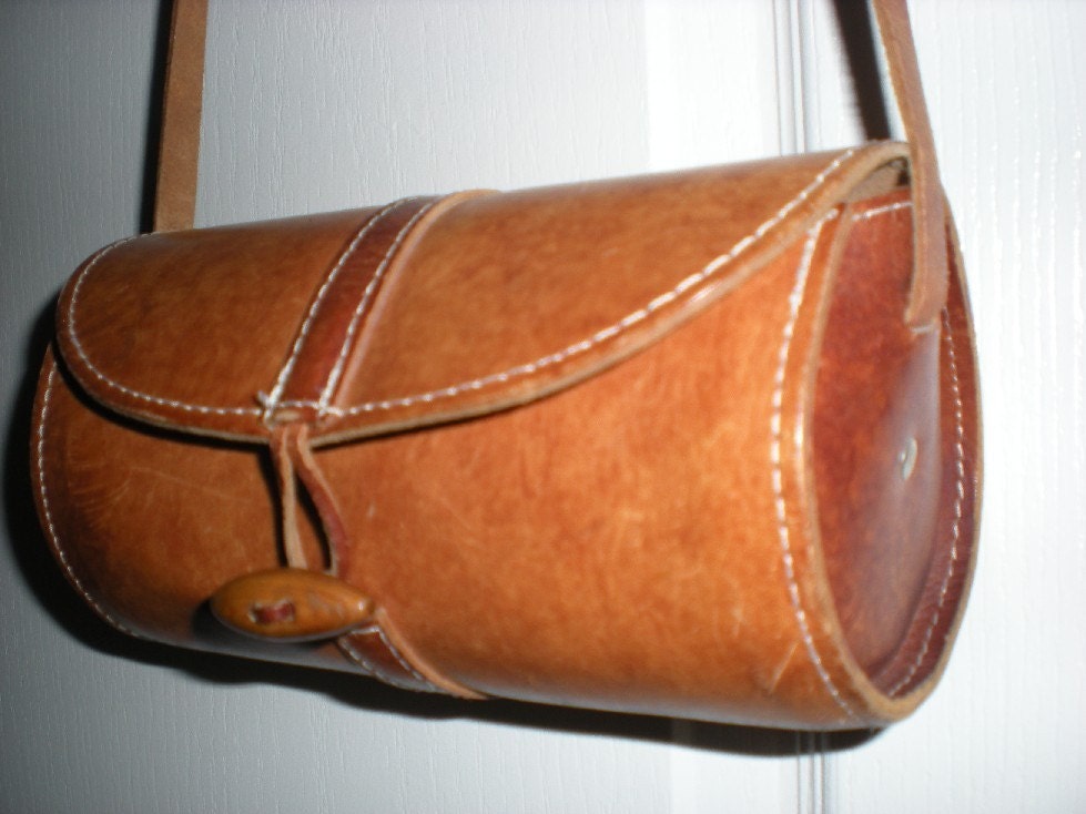 Vintage Leather Barrel Purse with Wooden Toggle closure