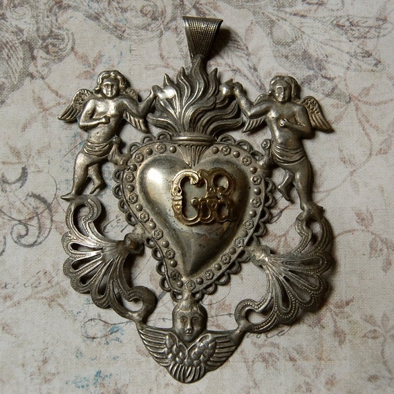 Large Vintage Silver Ex Voto Sacred Heart by BirdSongStudio