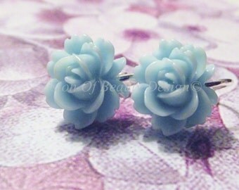Pale Blue Vintage Style Rose Clip On Earrings