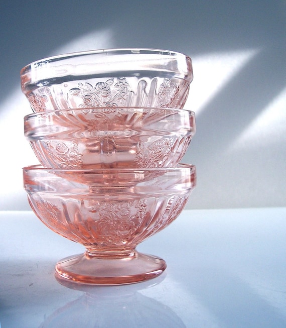 Set of 3 Pink Cabbage Rose Depression Glass by MidwestFinds