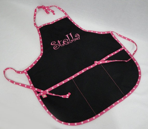 Child39;s Personalized Art Smock Black with Hot Pink Polka Dot Trim