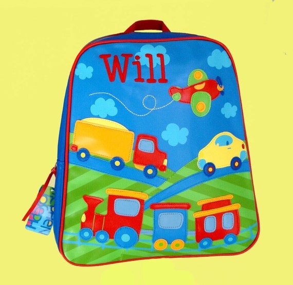 Personalized Stephen Joseph GoGo Backpack TRANSPORTATION Themed Bag in Blue Red Yellow and Green