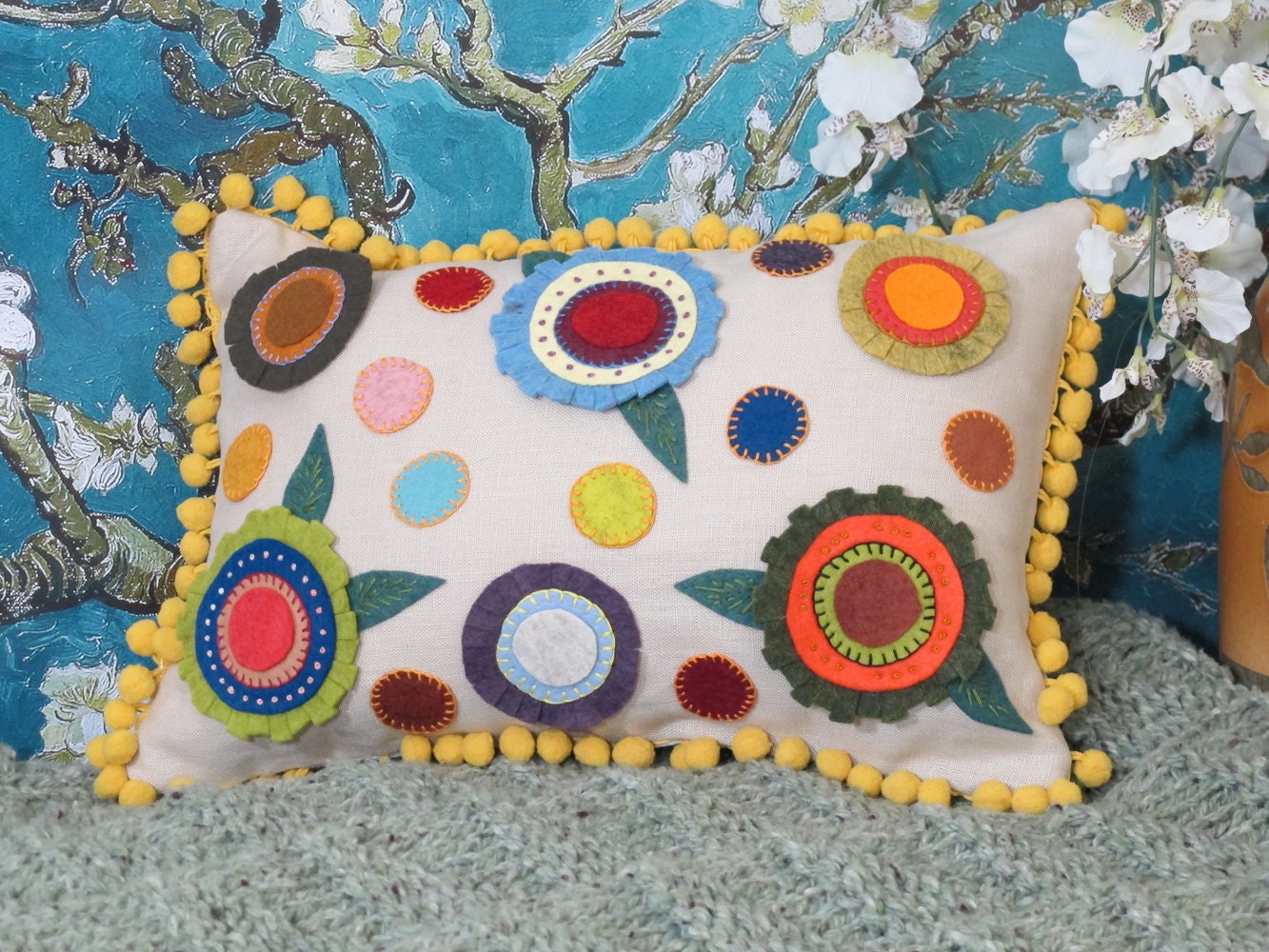 Folk Art Pillow in Bright Polka Dot Flowers by NestleAndSoar
