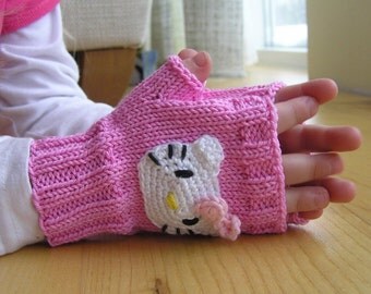 Childs fingerless gloves, Pink Gloves, Kitty Mittens, 3 sizes, 100% cotton, Arm Warmers