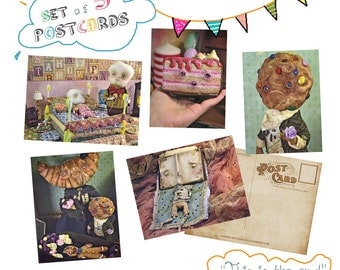 Set of 5 original Postcards - This is the end - cookie cupcake cake gingerbread book funeral tooth freak art doll