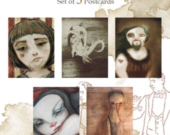 Set of 5 original Postcards - The river -