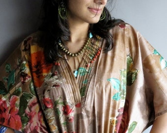 Light Brown Floral Caftan Dress - Perfect for outings, lounges, Vintage look Kaftan, beaches, spa robes, to be mums, gift for her