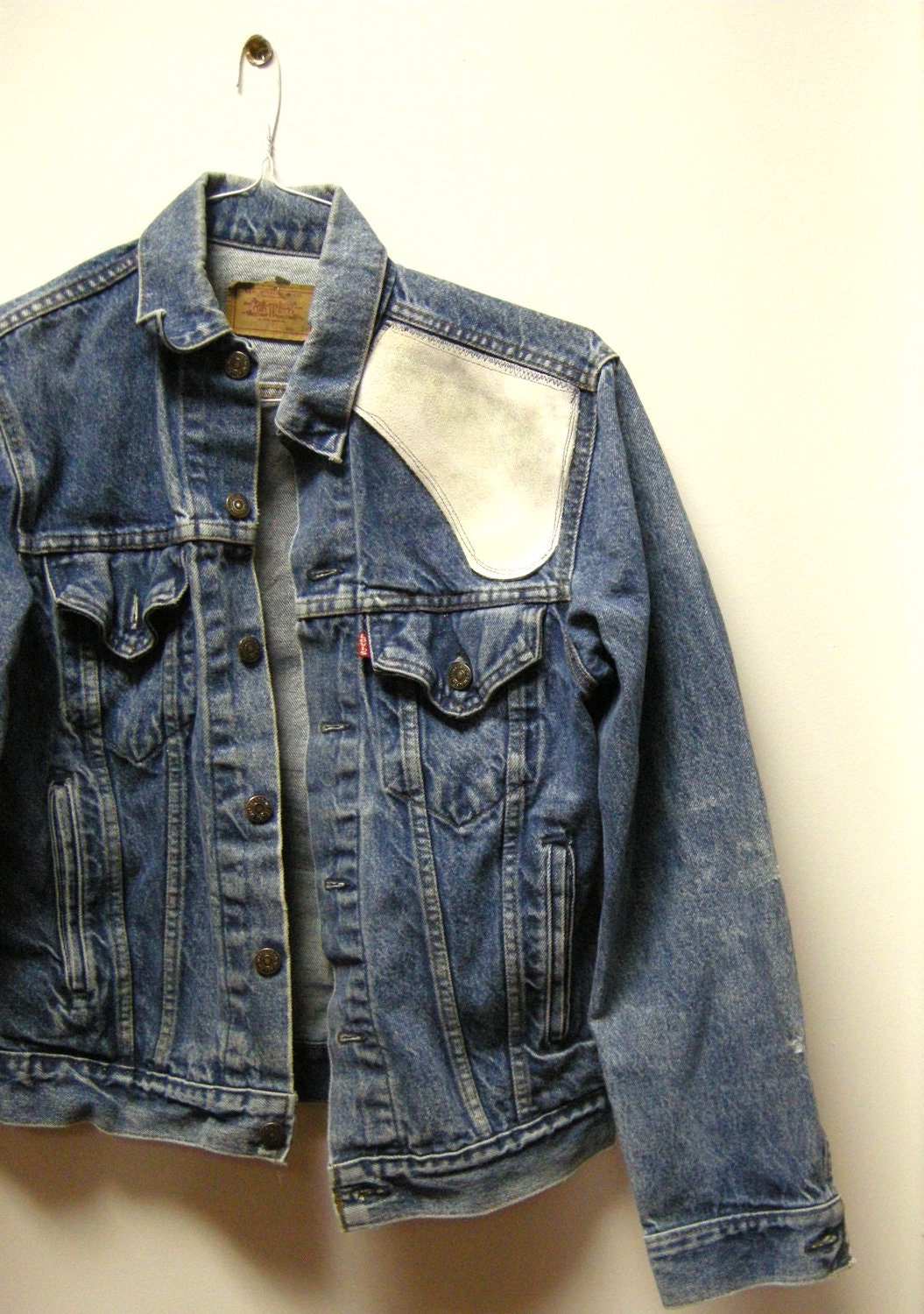 Men's Distressed Jean Jacket with White Leather Shoulder