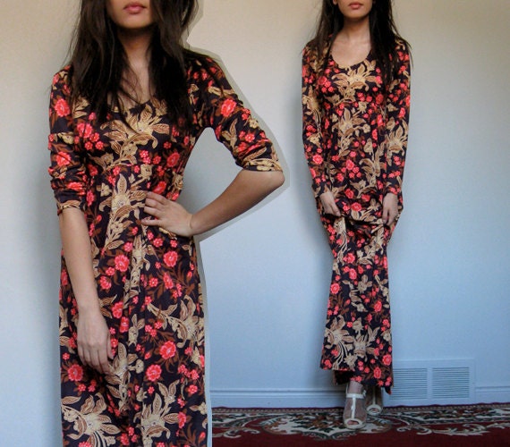 Boho Maxi Dress Vintage 70s Hippie Floral Print Dress Long