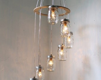 Spiral Mason Jar Chandelier, Rustic Hanging Pendant Lighting Fixture, 8 Clear Jars, Modern BootsNGus Lighting u0026 Home Decor, Bulbs