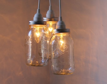 Summertime Charm Mason Jar Chandelier - Three Ball Mason Jar Hanging Pendant Chandelier Cluster Light - UpCycled BootsNGus Lighting Fixture