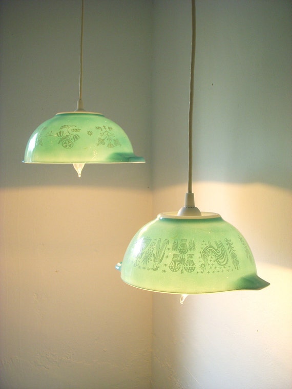 Summer Mornings Robins Egg Blue Farmhouse Motif Pyrex Glassware Bowls Light Hanging Pendant Lighting Fixture - UpCycled ReCycled Repurposed - Pair of 2 Swag Lights