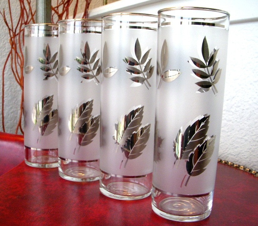 4 Vintage Frosted Tall Tom Collins Glasses with Silver Leaf