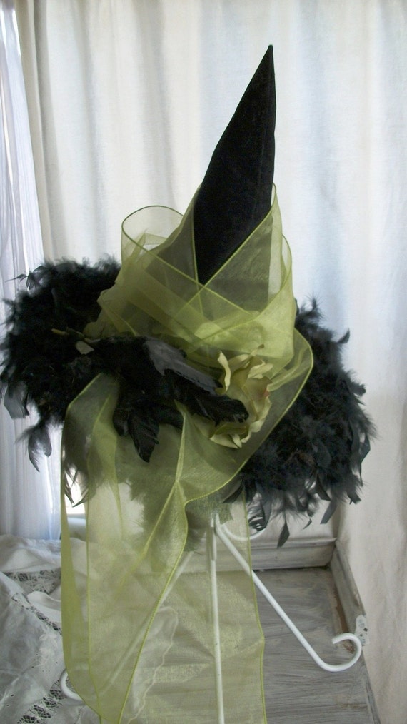 Handmade Witches Hat with Black Feathers Crow Lime Tulle