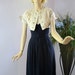 Vintage 40s Mademoiselle Juliette Dress Navy Rayon Crepe Linen Bolero Jacket w Cut work Lace Rhinestones