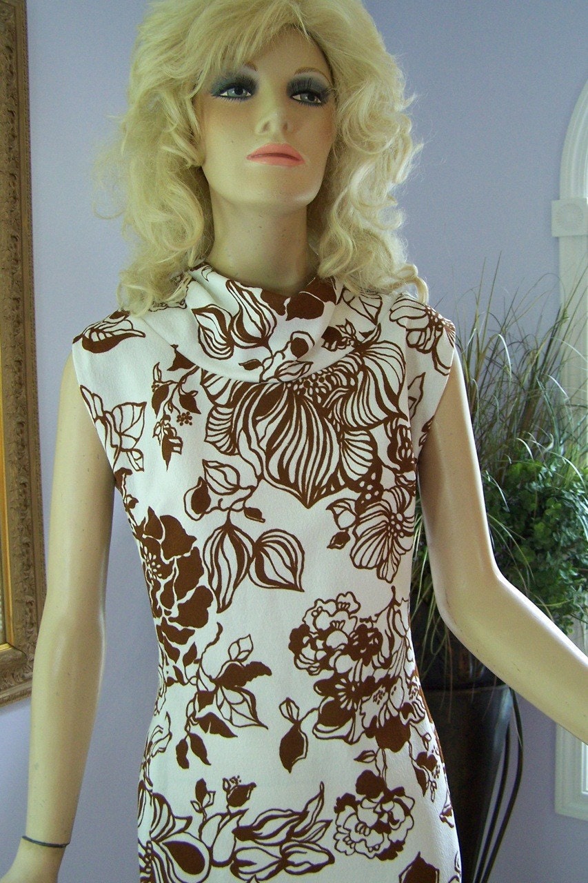 Vintage 60s Day Dress Edith Flagg Brown White Floral by jantiques