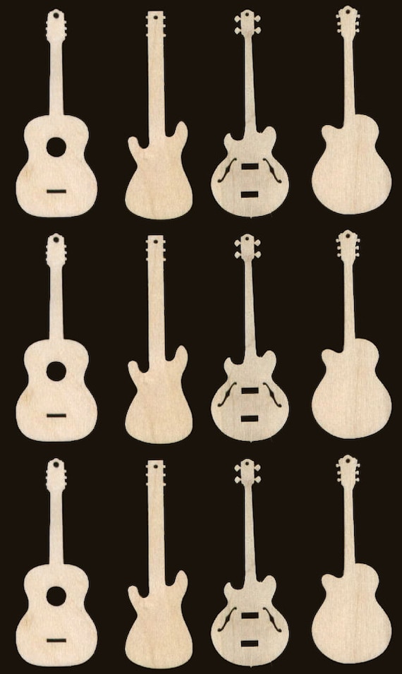 12 Guitar Ornaments 3 inches Tall Natural Craft Wood Cutouts