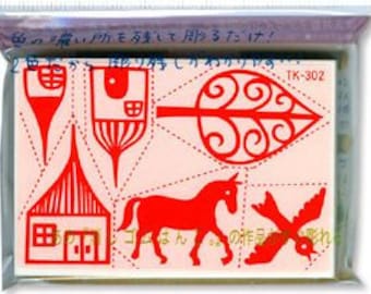 Eraser Stamps Horse and Houses Rubber Stamp Block - 6 DIY Eraser Hanko stamps by Tomoko Tsukui