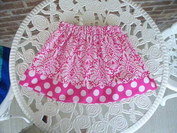 Items similar to Girls Twirl Skirt Pink and White Damsk and Polka Dots ...